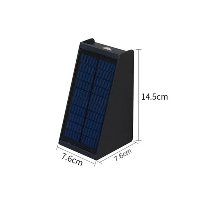 "Solar LED outdoor wall light illuminating up and down; eco-friendly, weather-resistant, elegant design; multiple light color