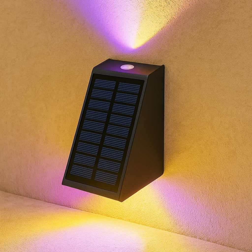 "Solar LED outdoor wall light illuminating up and down; eco-friendly, weather-resistant, elegant design; multiple light color
