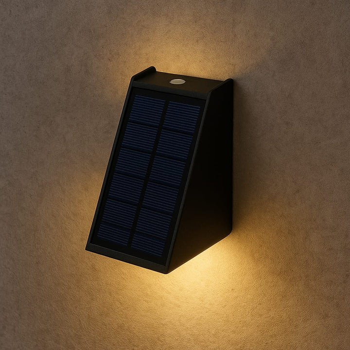 "Solar LED outdoor wall light illuminating up and down; eco-friendly, weather-resistant, elegant design; multiple light color
