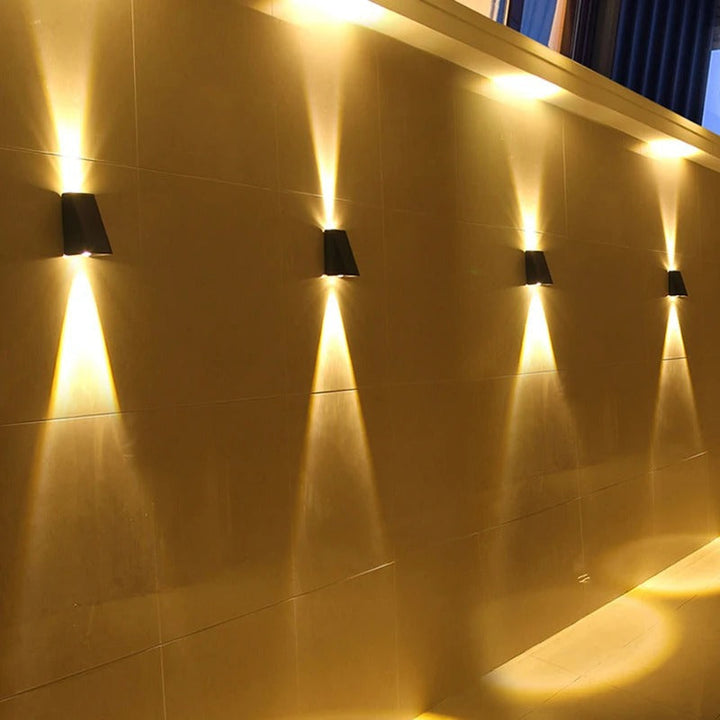 "Solar LED outdoor wall light illuminating up and down; eco-friendly, weather-resistant, elegant design; multiple light color