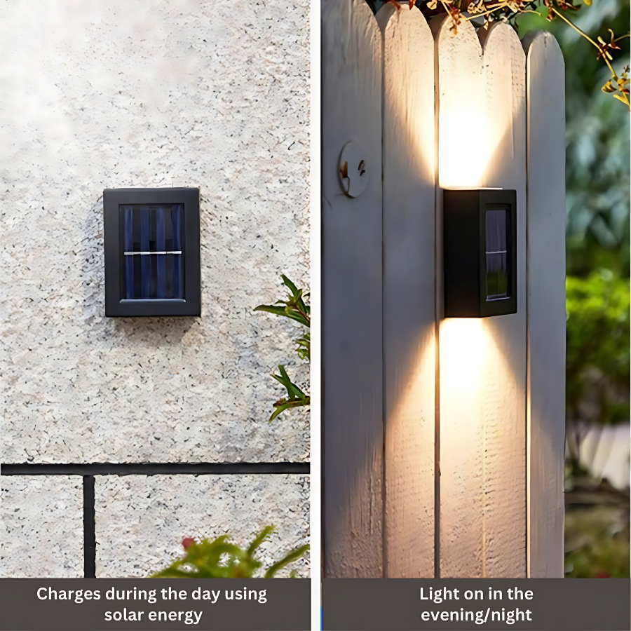 "Solar LED wall light for gardens, emitting bright white glow, mounted on dark background, ideal for pathways and patios."