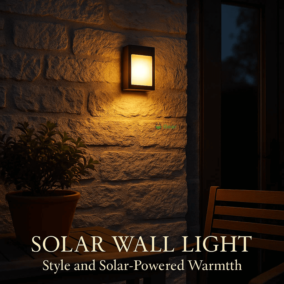 "Solar LED wall light for gardens, emitting bright white glow, mounted on dark background, ideal for pathways and patios."