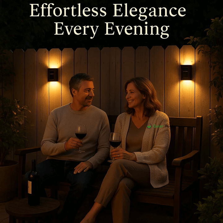 "Solar LED wall light for gardens, emitting bright white glow, mounted on dark background, ideal for pathways and patios."