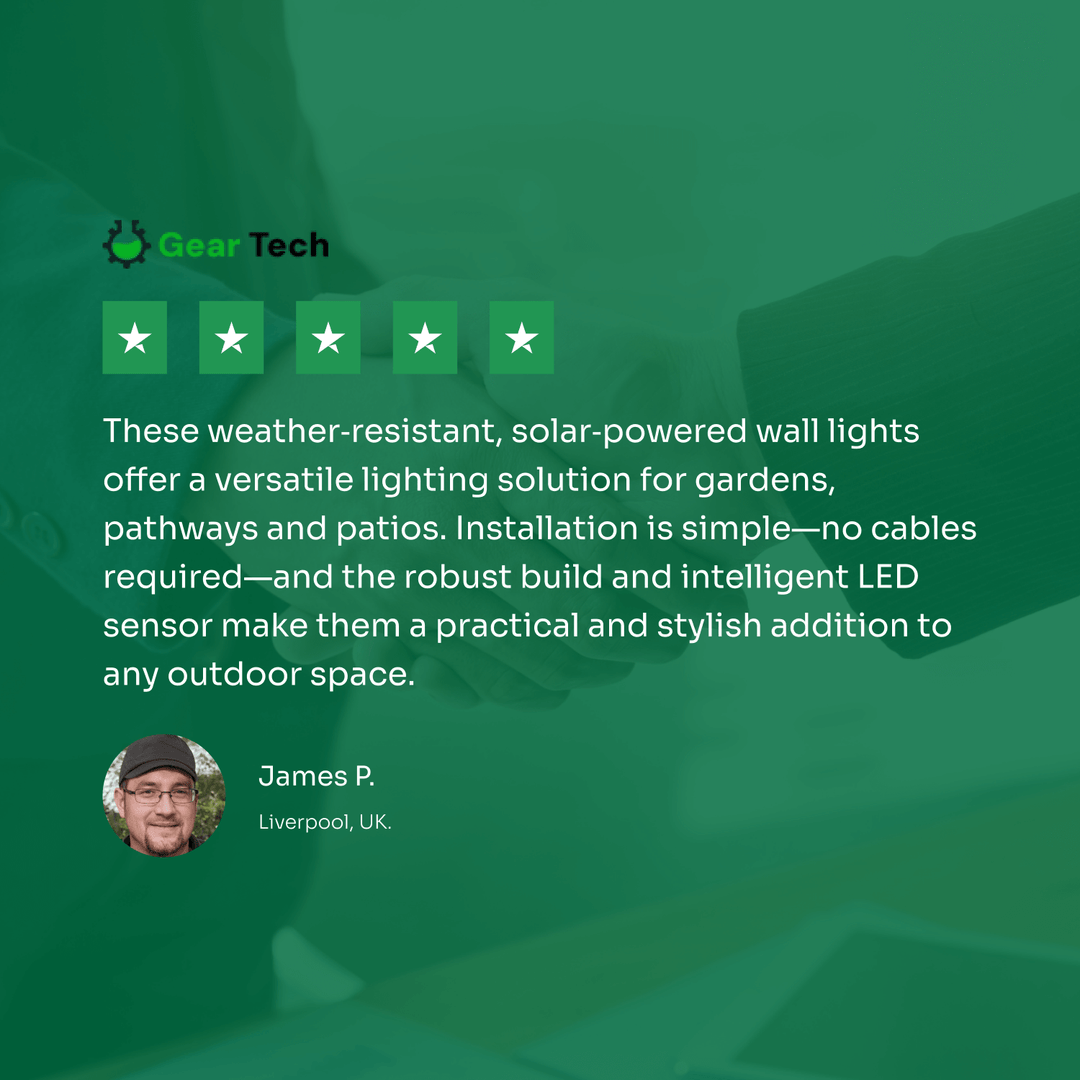 "Solar LED wall light for gardens, emitting bright white glow, mounted on dark background, ideal for pathways and patios."