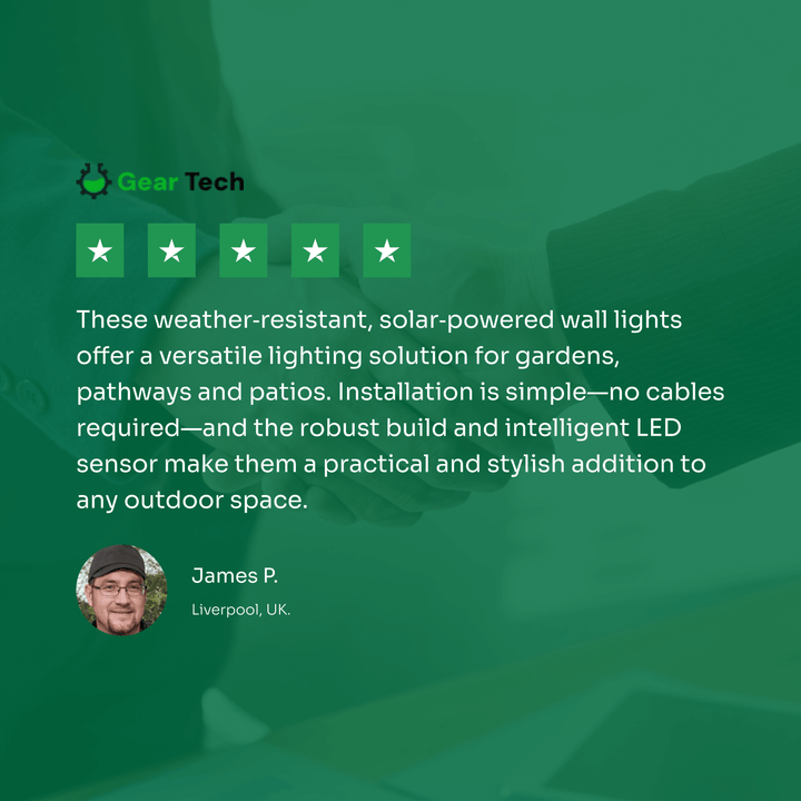 "Solar LED wall light for gardens, emitting bright white glow, mounted on dark background, ideal for pathways and patios."