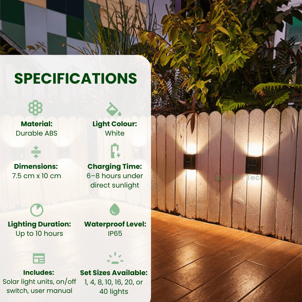 "Solar LED wall light for gardens, emitting bright white glow, mounted on dark background, ideal for pathways and patios."