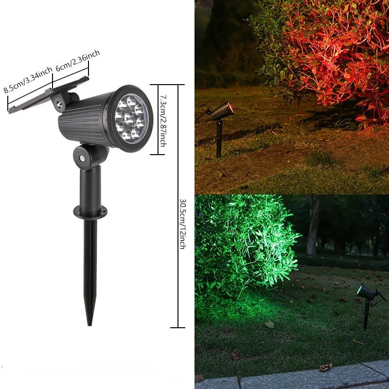 Solar-powered LED garden spotlight with sleek black design, adjustable head, and vibrant RGB lighting for outdoor use.