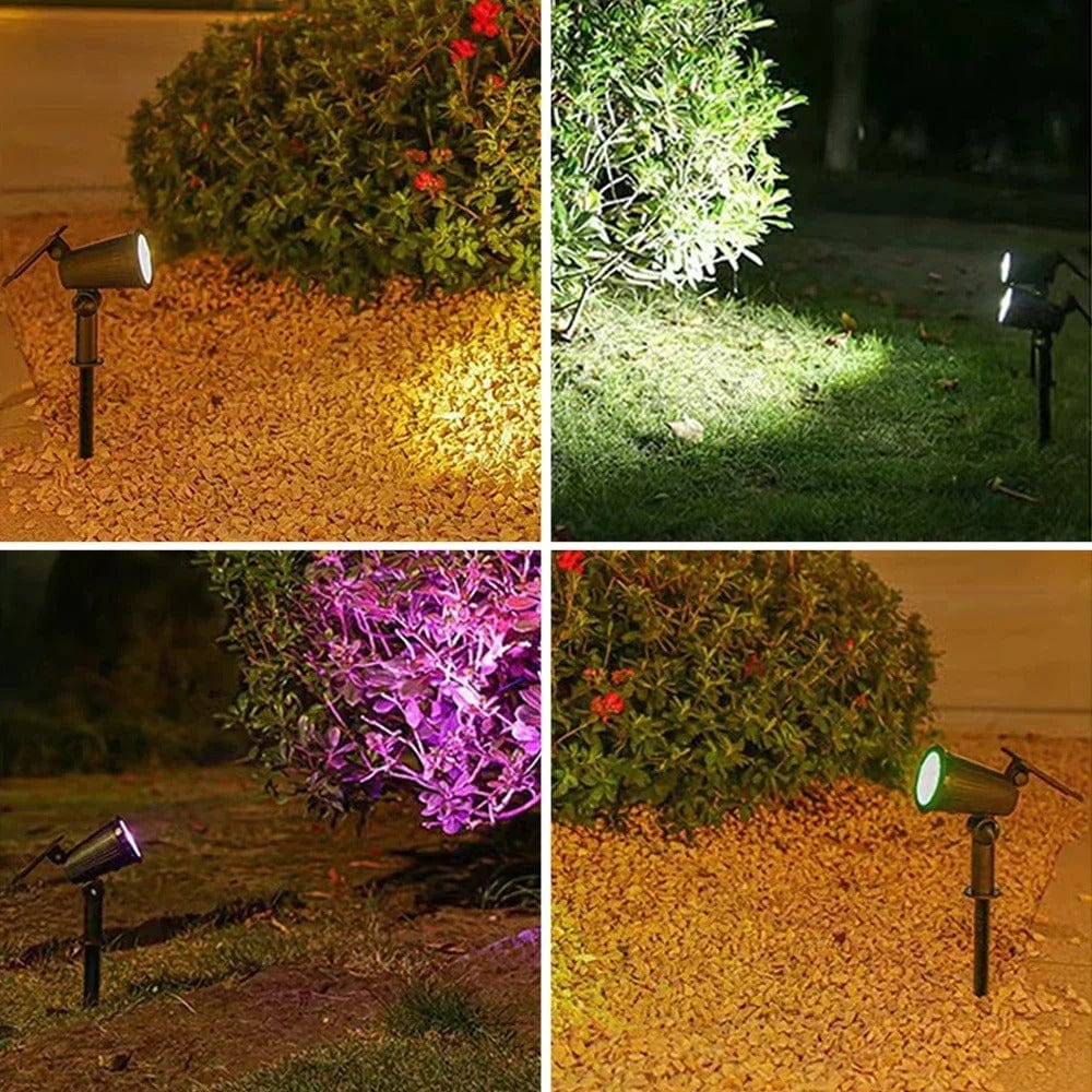 Solar-powered LED garden spotlight with sleek black design, adjustable head, and vibrant RGB lighting for outdoor use.