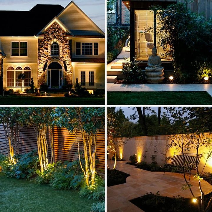 Solar-powered LED garden spotlight with sleek black design, adjustable head, and vibrant RGB lighting for outdoor use.