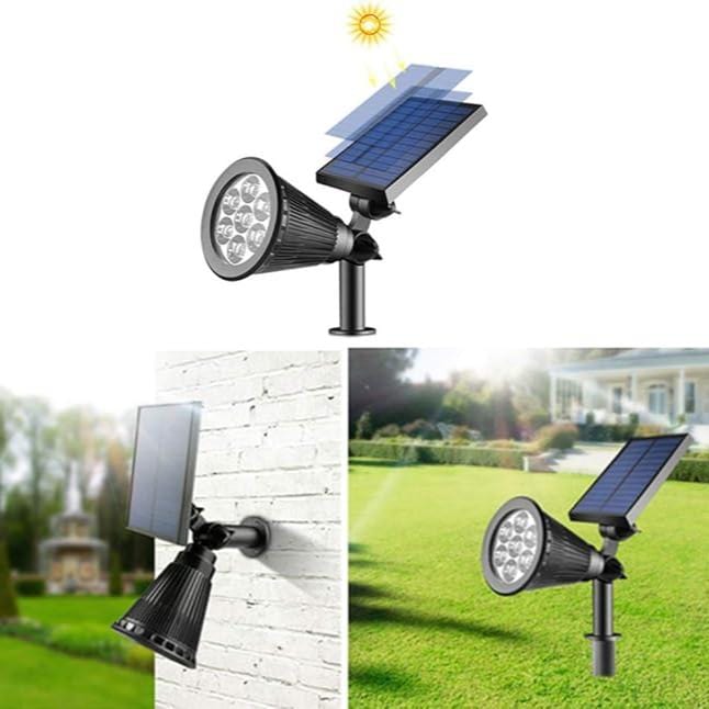 Solar-powered LED garden spotlight with sleek black design, adjustable head, and vibrant RGB lighting for outdoor use.