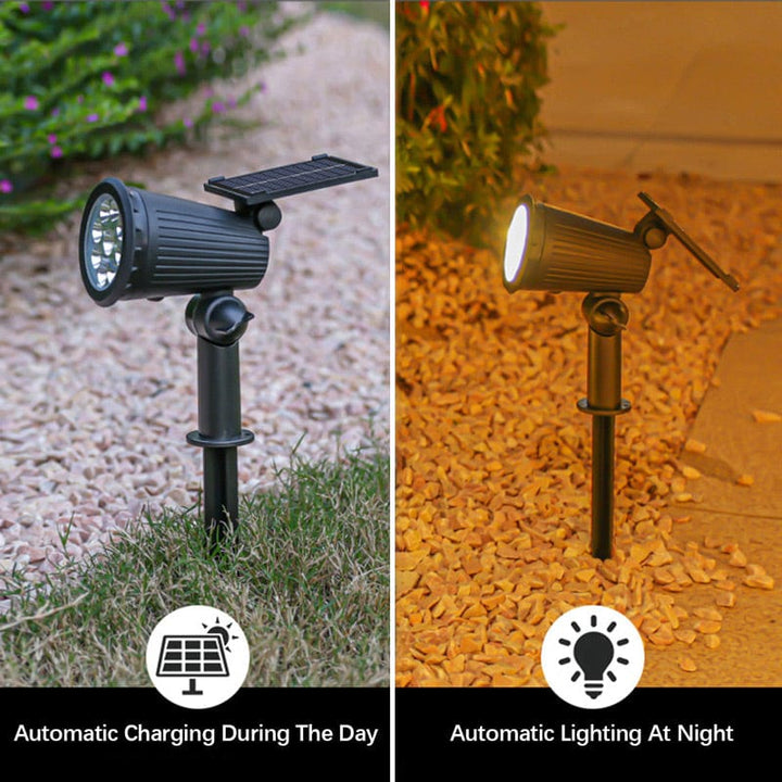 Solar-powered LED garden spotlight with sleek black design, adjustable head, and vibrant RGB lighting for outdoor use.