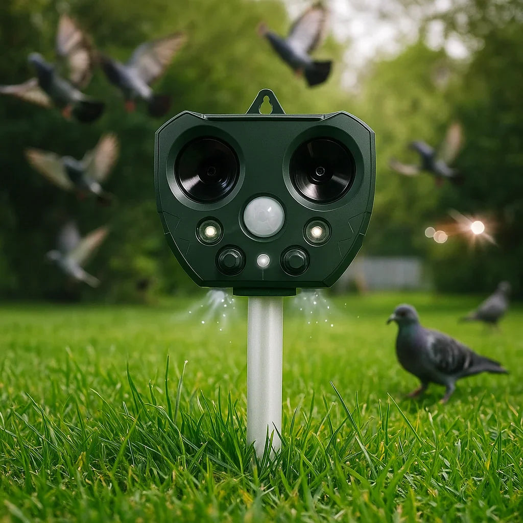 "Solar-powered ultrasonic bird and pest repeller, waterproof, with motion sensor and LED lights for garden use."
