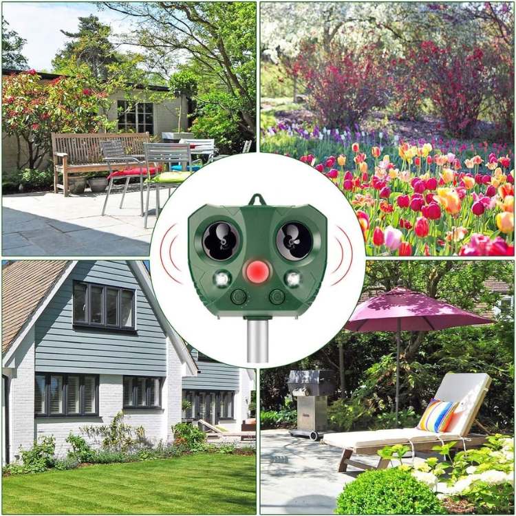 "Solar-powered ultrasonic bird and pest repeller, waterproof, with motion sensor and LED lights for garden use."