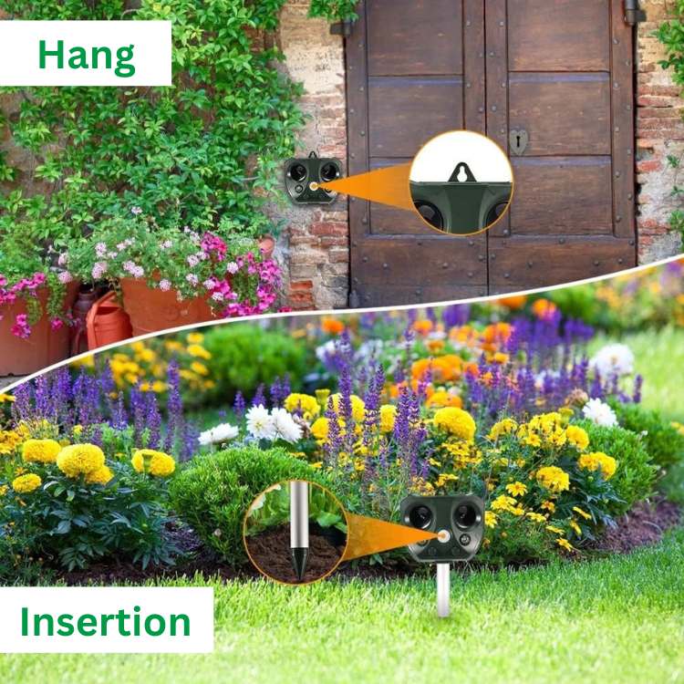 "Solar-powered ultrasonic bird and pest repeller, waterproof, with motion sensor and LED lights for garden use."