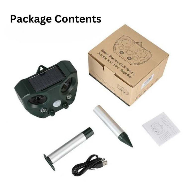 "Solar-powered ultrasonic bird and pest repeller, waterproof, with motion sensor and LED lights for garden use."