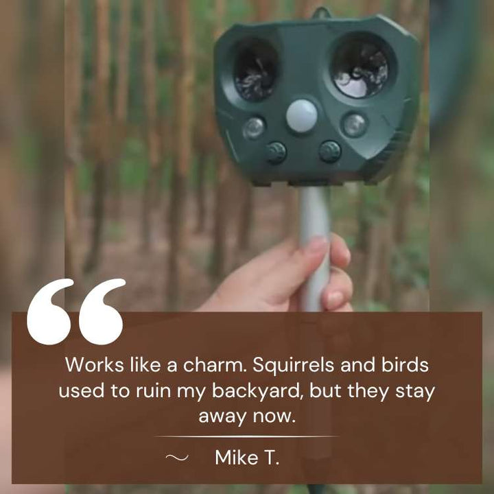 "Solar-powered ultrasonic bird and pest repeller, waterproof, with motion sensor and LED lights for garden use."