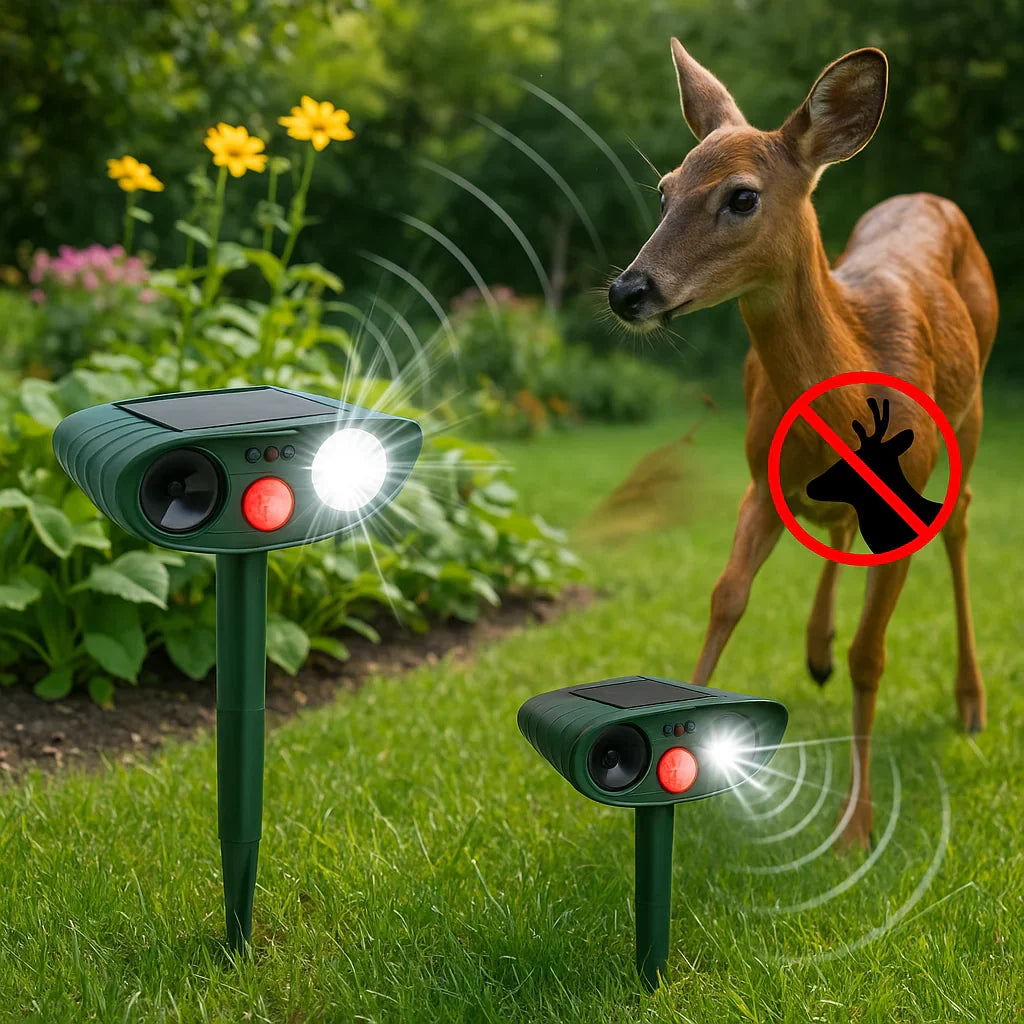 "Solar-powered ultrasonic deer repeller in use, eco-friendly yard protection, green technology for garden security."
