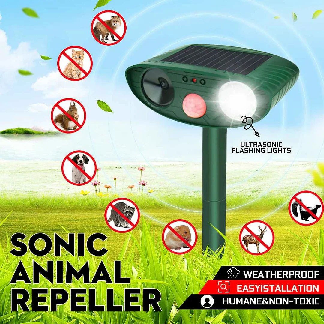 "Solar-powered ultrasonic deer repeller in use, eco-friendly yard protection, green technology for garden security."