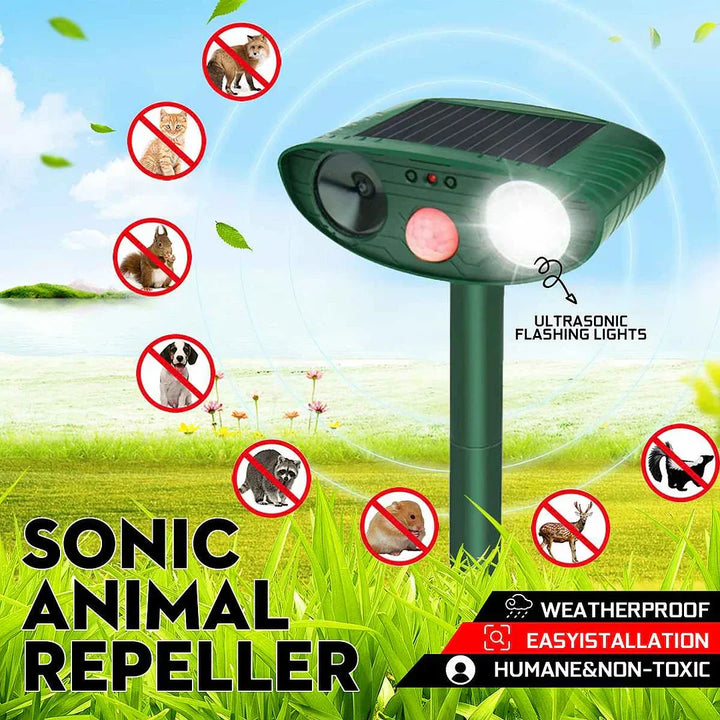 "Solar-powered ultrasonic deer repeller in use, eco-friendly yard protection, green technology for garden security."