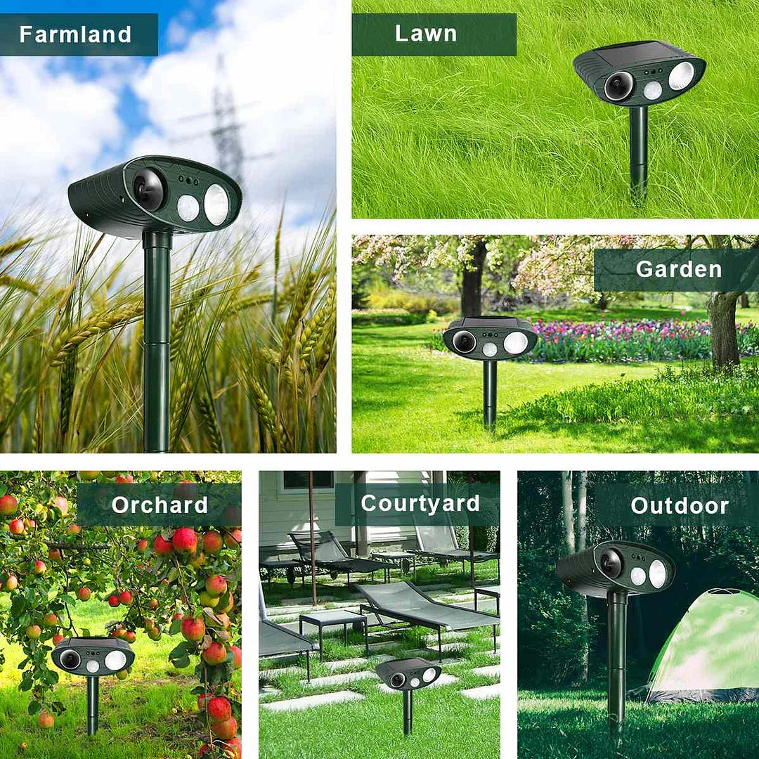 "Solar-powered ultrasonic deer repeller in use, eco-friendly yard protection, green technology for garden security."