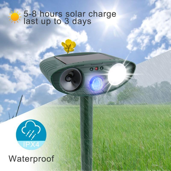 "Solar-powered ultrasonic deer repeller in use, eco-friendly yard protection, green technology for garden security."