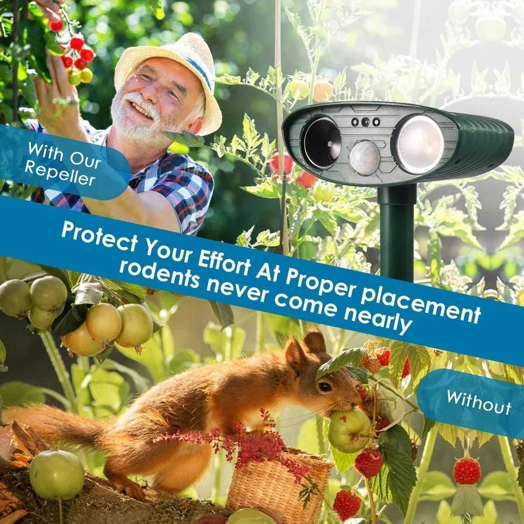 "Solar-powered ultrasonic deer repeller in use, eco-friendly yard protection, green technology for garden security."