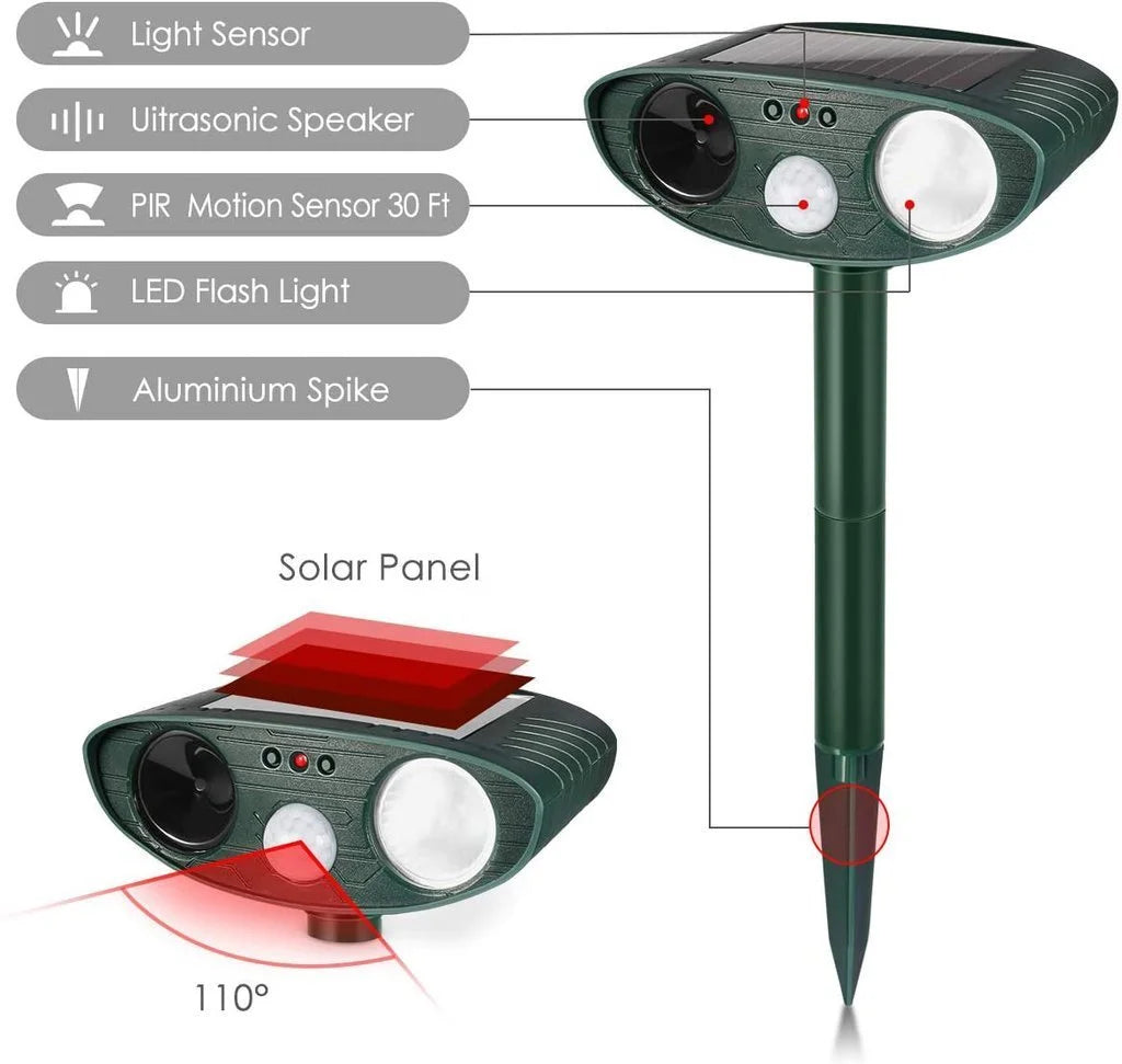 "Solar-powered ultrasonic deer repeller in use, eco-friendly yard protection, green technology for garden security."