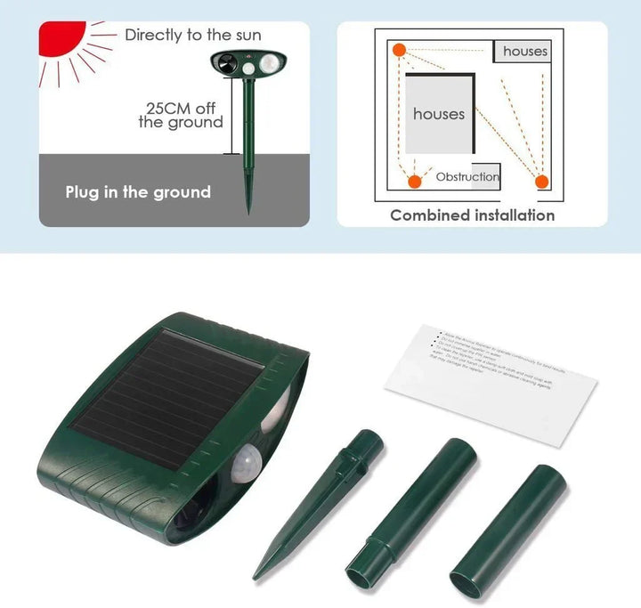 "Solar-powered ultrasonic deer repeller in use, eco-friendly yard protection, green technology for garden security."