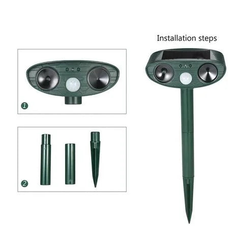 "Solar-powered ultrasonic deer repeller in use, eco-friendly yard protection, green technology for garden security."