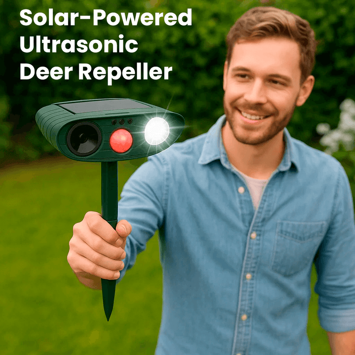 "Solar-powered ultrasonic deer repeller in use, eco-friendly yard protection, green technology for garden security."