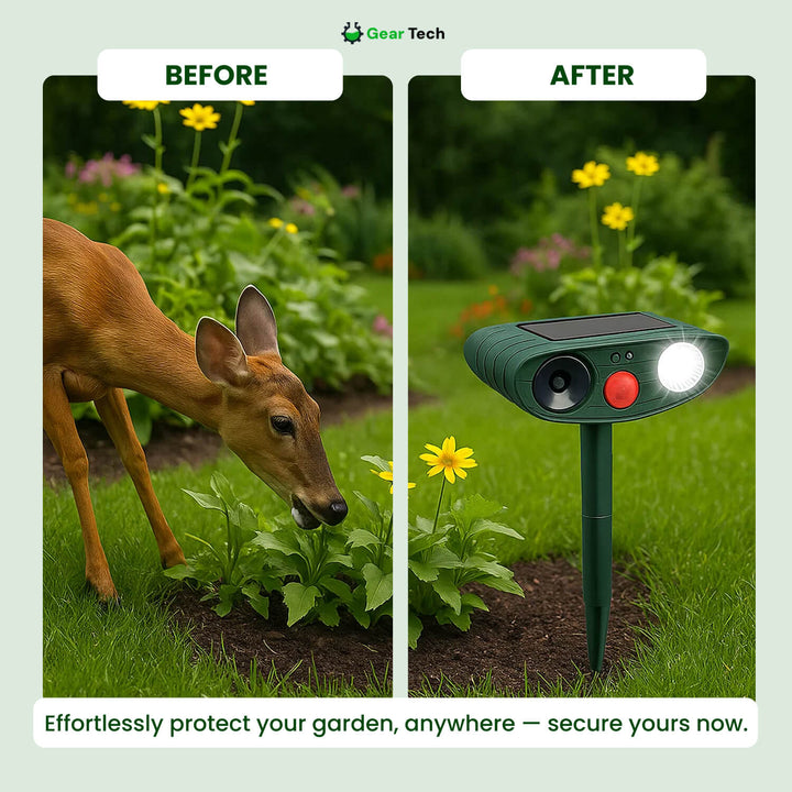"Solar-powered ultrasonic deer repeller in use, eco-friendly yard protection, green technology for garden security."