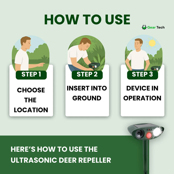 "Solar-powered ultrasonic deer repeller in use, eco-friendly yard protection, green technology for garden security."
