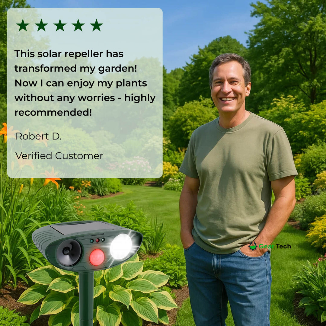 "Solar-powered ultrasonic deer repeller in use, eco-friendly yard protection, green technology for garden security."