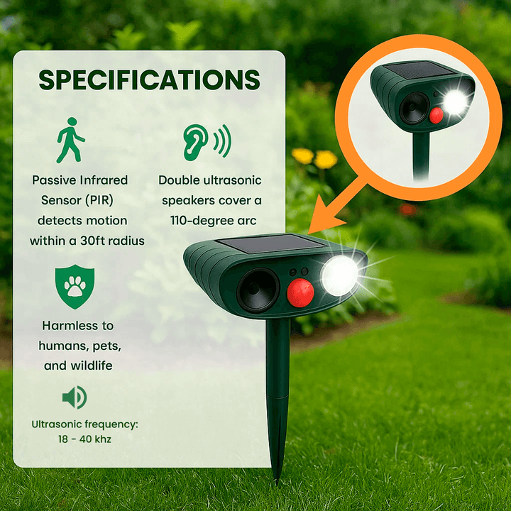 "Solar-powered ultrasonic deer repeller in use, eco-friendly yard protection, green technology for garden security."