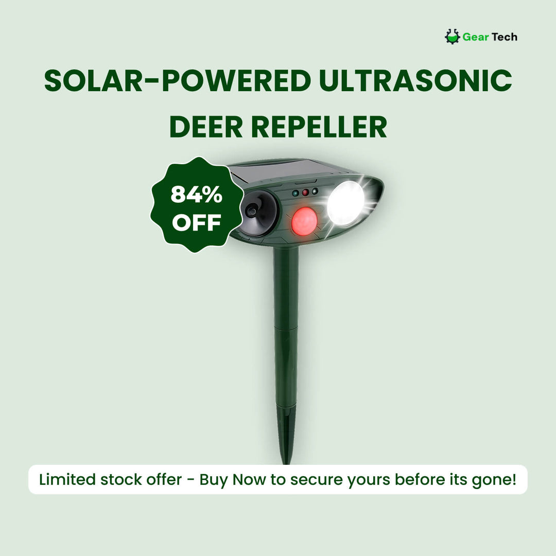 "Solar-powered ultrasonic deer repeller in use, eco-friendly yard protection, green technology for garden security."