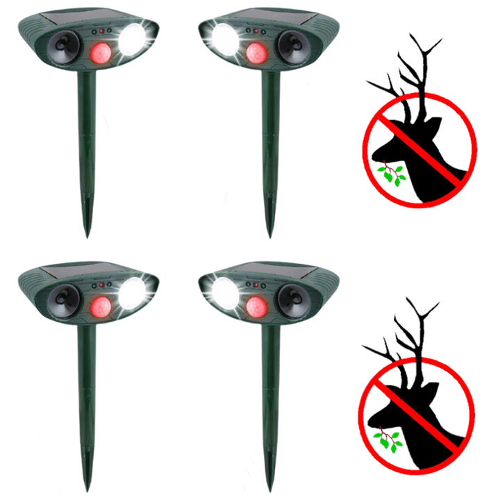 "Solar-powered ultrasonic deer repeller in use, eco-friendly yard protection, green technology for garden security."