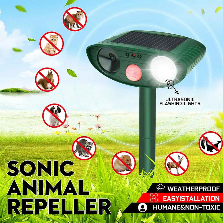 "Solar-powered ultrasonic pest repeller set of 4; green stake design, ideal for large gardens, eco-friendly deterrent."