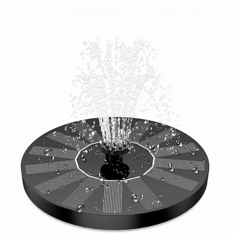 "Solar-powered water feature with interchangeable nozzles in a serene garden setting, enhancing outdoor ambiance."