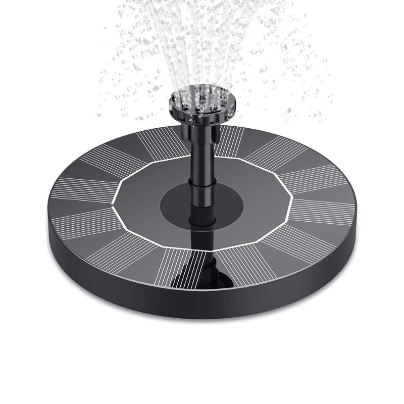 "Solar-powered water feature with interchangeable nozzles in a serene garden setting, enhancing outdoor ambiance."