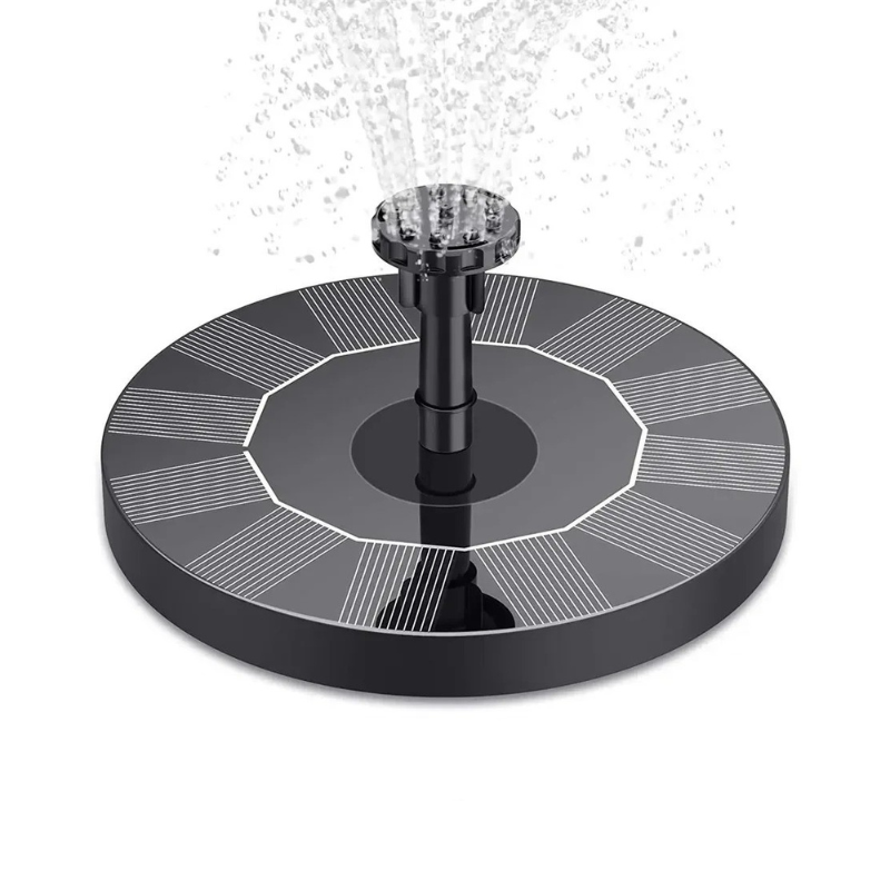 "Solar-powered water feature with interchangeable nozzles in a serene garden setting, enhancing outdoor ambiance."