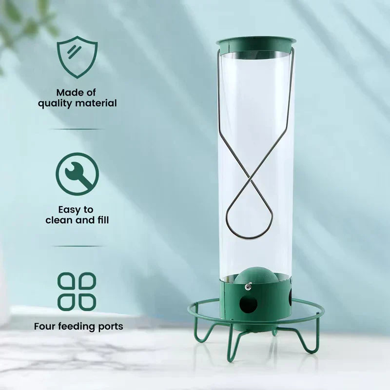 Squirrel proof metal bird feeder, heavy-duty design, stylish and functional for gardens, resists squirrels and weather.