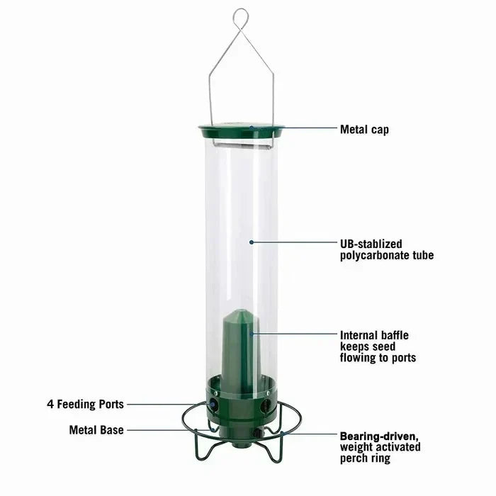 Squirrel proof metal bird feeder, heavy-duty design, stylish and functional for gardens, resists squirrels and weather.