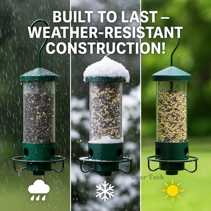 Squirrel proof metal bird feeder, heavy-duty design, stylish and functional for gardens, resists squirrels and weather.