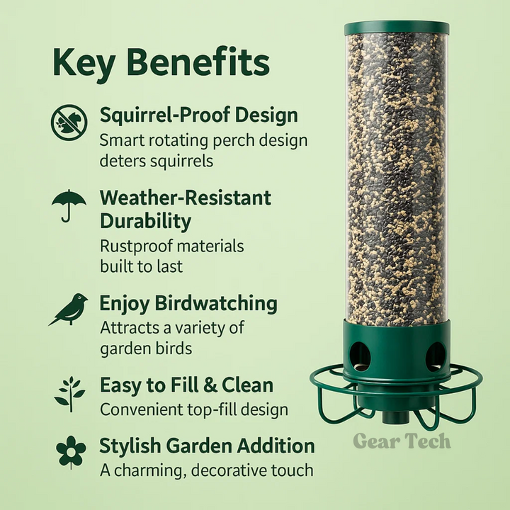 Squirrel proof metal bird feeder, heavy-duty design, stylish and functional for gardens, resists squirrels and weather.