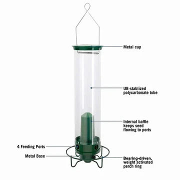Squirrel-proof metal bird feeder with spinning perch, hanging outdoors, features four feeding ports and weather-resistant des