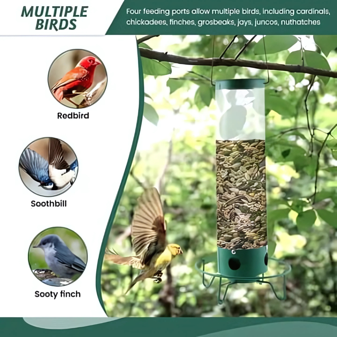 Squirrel-proof metal bird feeder with spinning perch, hanging outdoors, features four feeding ports and weather-resistant des