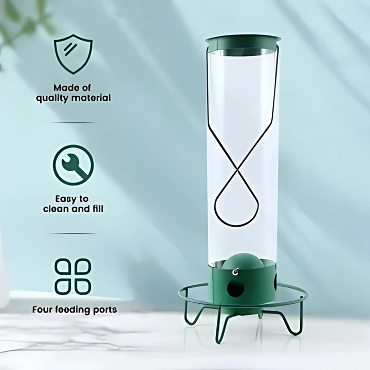 Squirrel-proof metal bird feeder with spinning perch, hanging outdoors, features four feeding ports and weather-resistant des