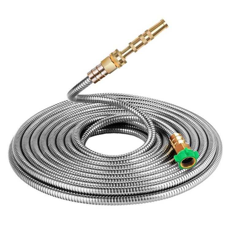 "Stainless steel garden hose, kink-proof, flexible design; features brass fittings, lightweight, and weather-resistant."