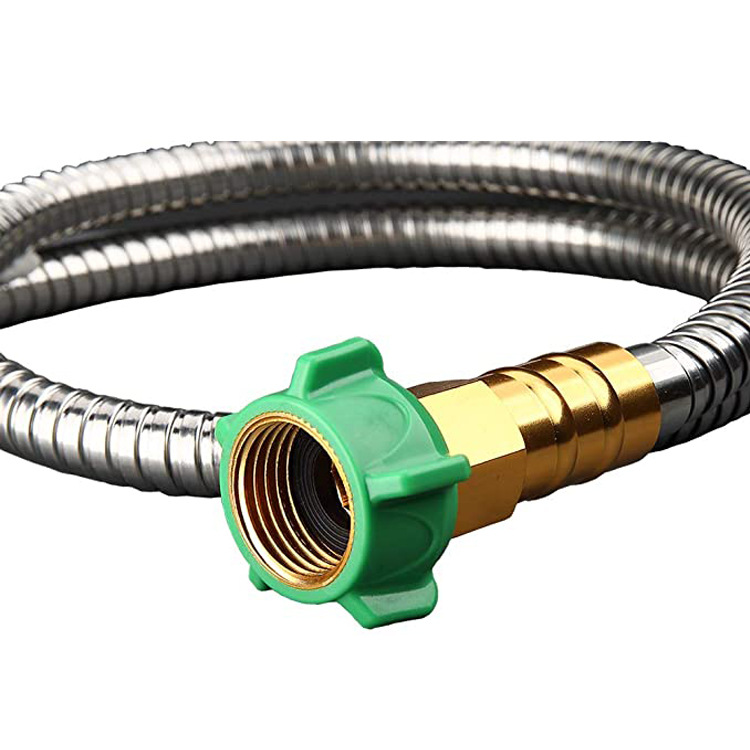"Stainless steel garden hose, kink-proof, flexible design; features brass fittings, lightweight, and weather-resistant."