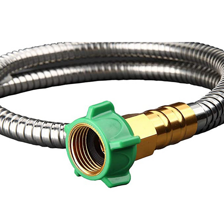 "Stainless steel garden hose, kink-proof, flexible design; features brass fittings, lightweight, and weather-resistant."